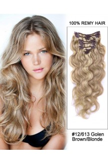 16” 7pcs #12/613 Brown/Blonde Body Wave Remy Hair Clip in Hair Extensions 16” 7pcs #12/613 Brown/Blonde Body Wave Remy Hair Clip in Hair Extensions
